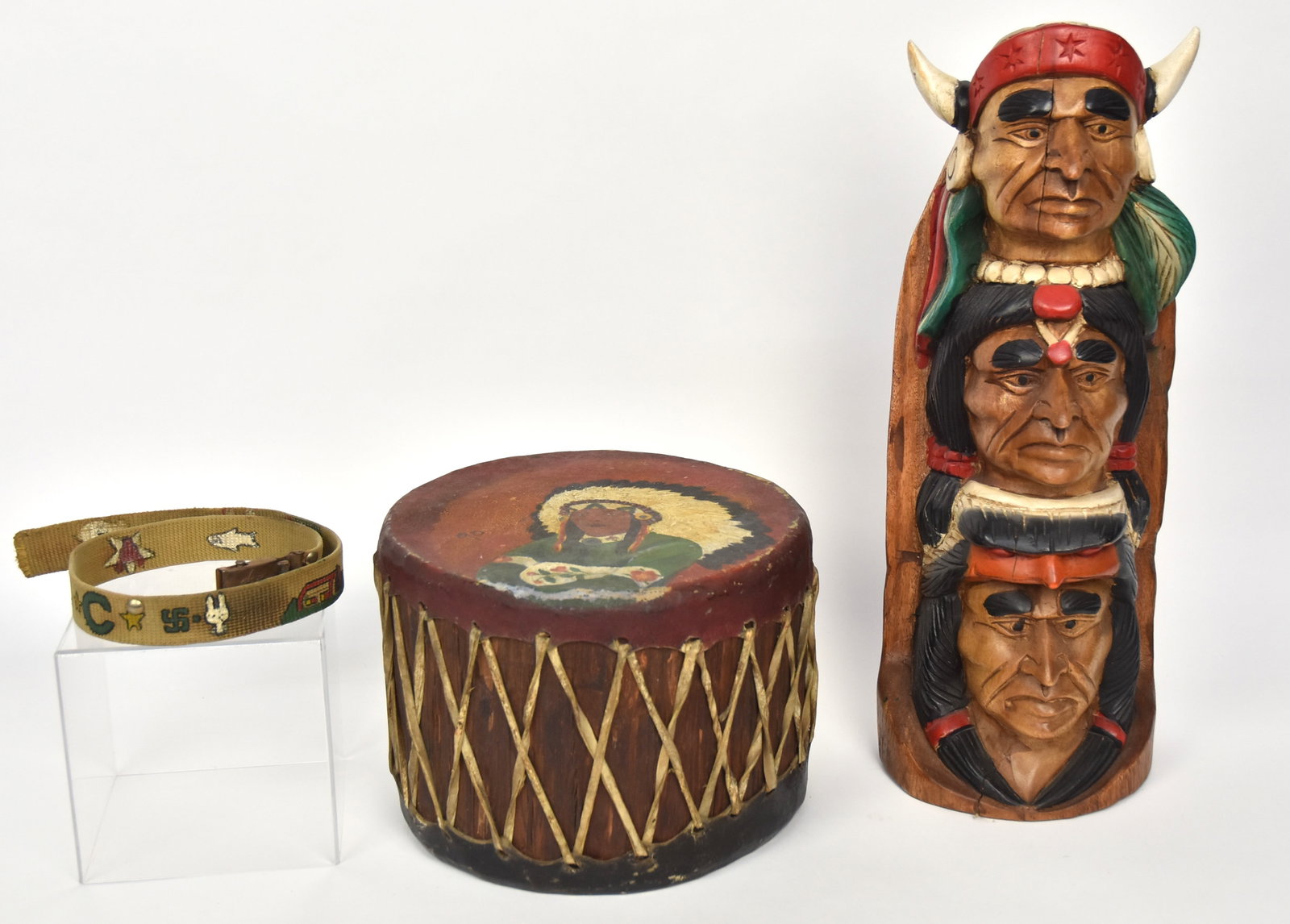 Boy Scout Drum, Belt Plus: Native American themed woven canvas Boy Scout belt with painted Native American Motifs and steel Boy Scout buckle, circa 1930s, 33" long; plus cedar log drum with raw hide heads and straps, polychrome