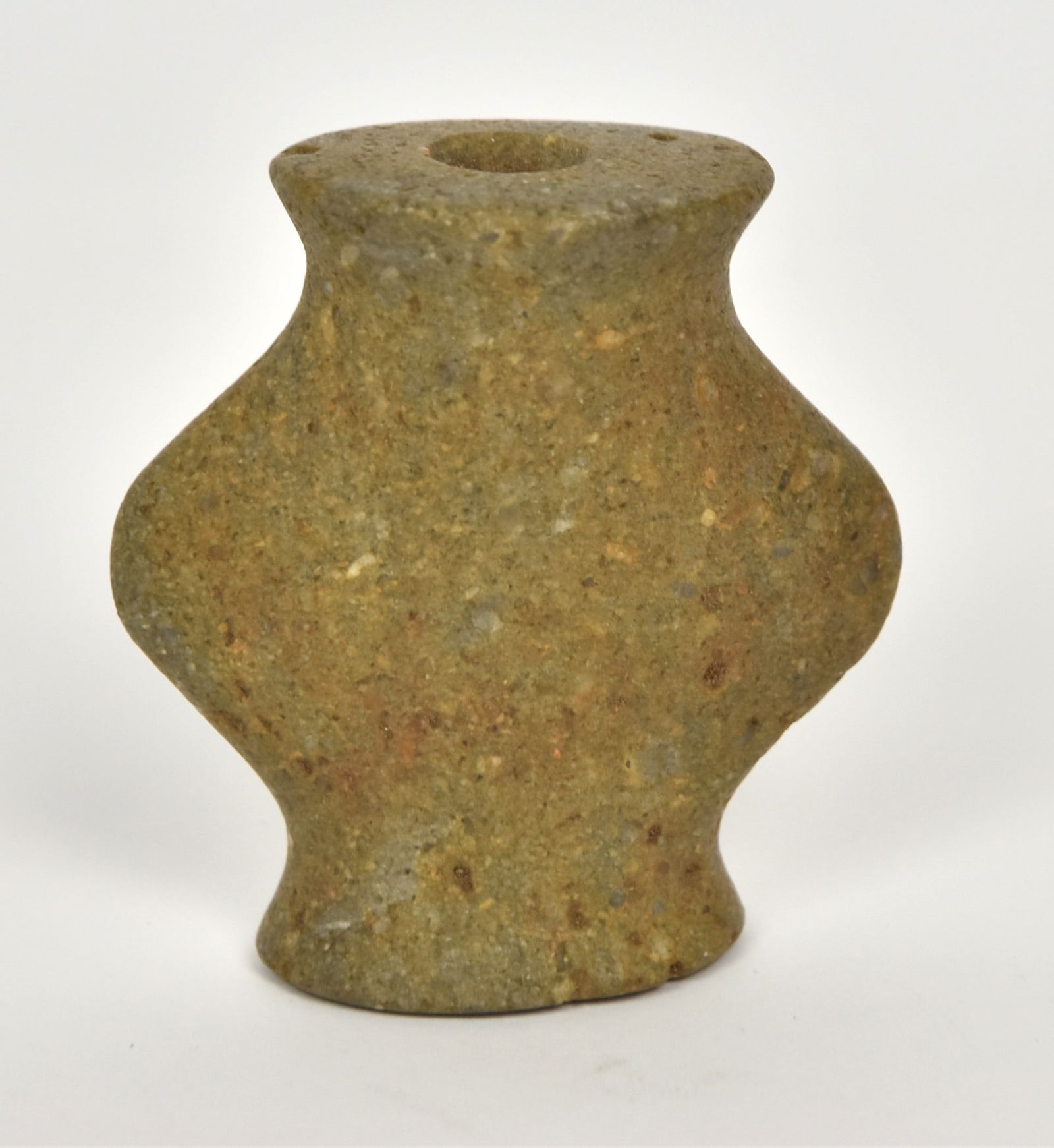 Expanded Center Gorget: in green hard stone with old printed label reading: Wood Co. Ohio, 2 9/16 x 1 1/4 x 2 1/2" high. Condition tiny nick at one end, else VG+.