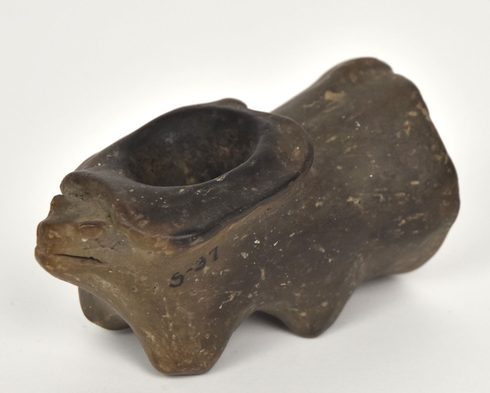 Mississippian Pottery Effigy Pipe: Shell tempered with unknown creature on four legs, possibly a snapping turtle, old inked number on side S-37, 4 3/8 x 2 x 2 1/4" high. Condition VG.
