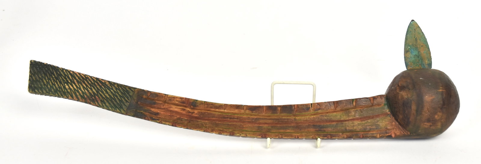 Eastern Woodlands Spiked Ball Club: Hand carved, circa 1900-20 with inset bronze spike, nice old patina, 18" long. Condition minor oxidation on spike.