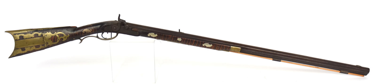 Fine Curly Maple Percussion Rifle: Half stock, converted from flint with 36" long circa .38 caliber rifled octagonal barrel with front and rear sights, unmarked engraved lock plate with hunter, full brass hardware including end cap, ra