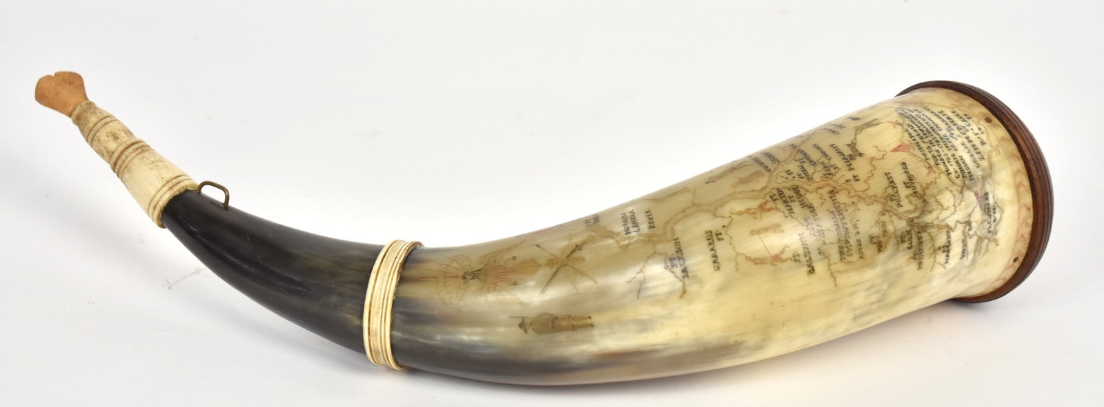 Scrimshaw Map Horn By R.F. Cadle: Roland Casle, dated 1979 with presentation inscription to Leskie & Margaret Zimmerman showing forts and blockhouses in the Monongalia Co. 1760-1785, with nicely turned walnut plug and carved bone spou