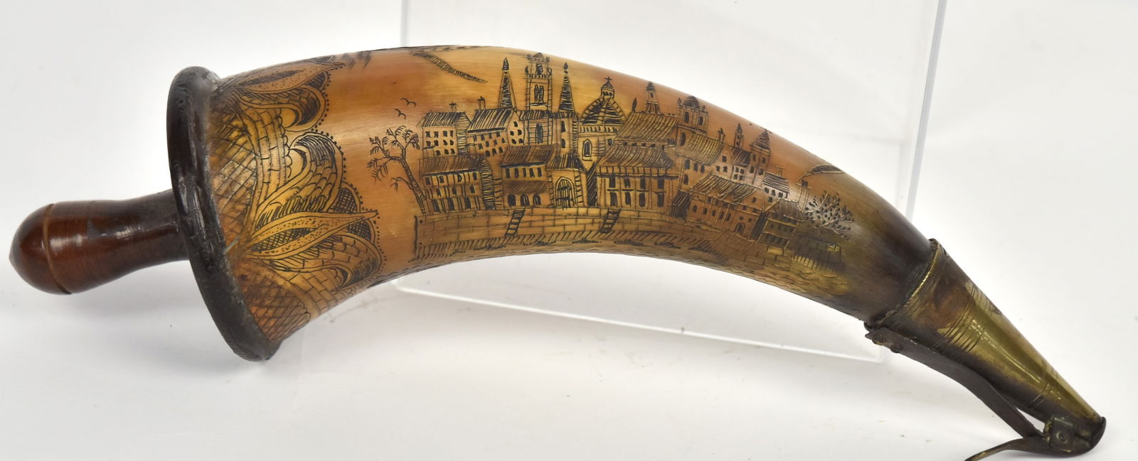 Andrew Jackson Scrimshaw Powder Horn: Probably contemporary, with fine scrimshaw equestrian portrait of General Jackson with 24 star flag, map of Mobile Bay with fort and town scape, crossed U.S. & British flags with drum and pikes, wonde