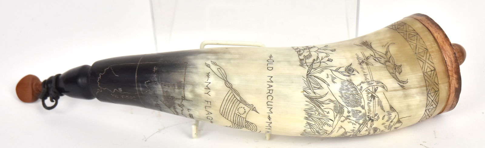 Ohio River Scrimshaw Powder Horn: Probably contemporary, with fine engraving of bird dog jumping pheasant, with inscription Old Marcum My Horse with horse head and 13 star flag and map of Ohio from lake Erie to Ohio rive with Scioto r