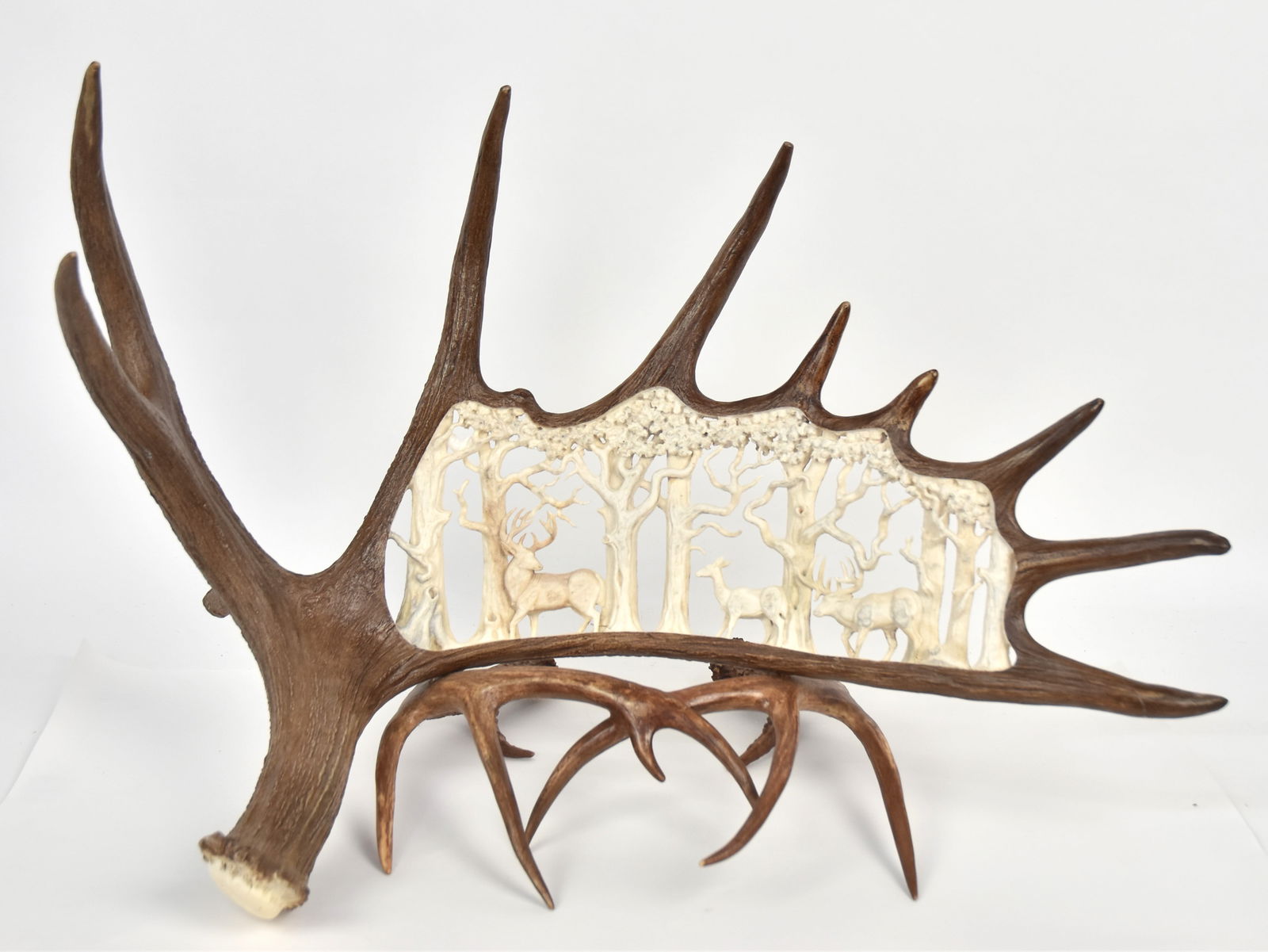 Tony Ramer Moose Antler Sculpture: Outstanding cut-out and carved forest scene with two buck elks and cow, on complete moose antler with two mule deer antlers attached as base, signed with entwined JR monogram, on end of moose antler,