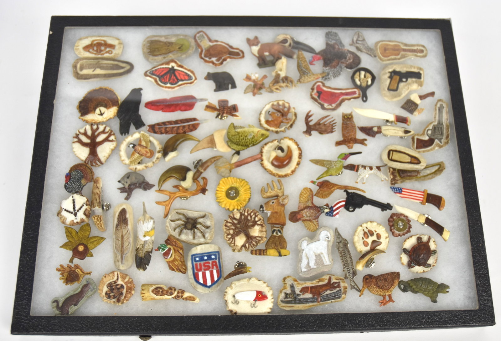 Huge Lot of Carved Antler Jewelry: Lot of circa 80, mainly tie tacks. Condition All Fine.