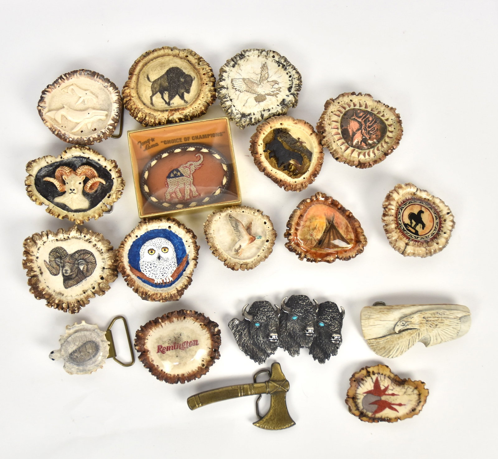 Antler Belt Buckles Plus: Lot of 17, several artist signed including C. Sales, Miles Rodda, and four other artist some silver and silver inlay. Condition All Fine.