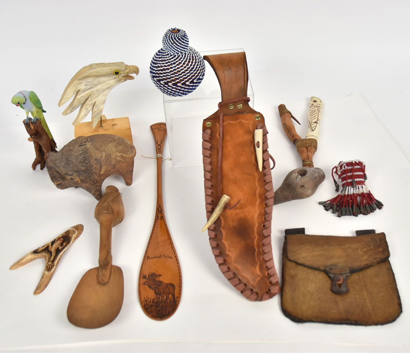 Bead Work Carvings and More: Lot of 14, including bead covered gord, 4 1/4" high; plus bead covered tin cup with tin cones, 1 1/2" diameter x 3 1/2" high; plus miniature bead covered drum stick, 1 3/4" long; plus carved wood parr