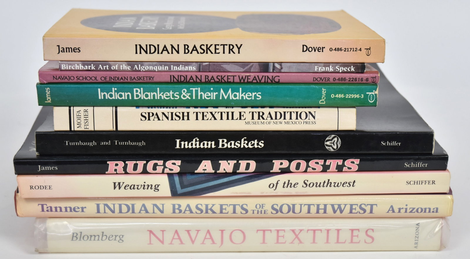 Books on Native American Textiles & Baskets: Lot of ten, including the follow titles: Navajo Textiles: The William Randolph Hearst Collection, by Nancy Blomberg, 1988; plus Indian Baskets of the Southwest, by C.L. Tanner, 1983; plus Indian Baske