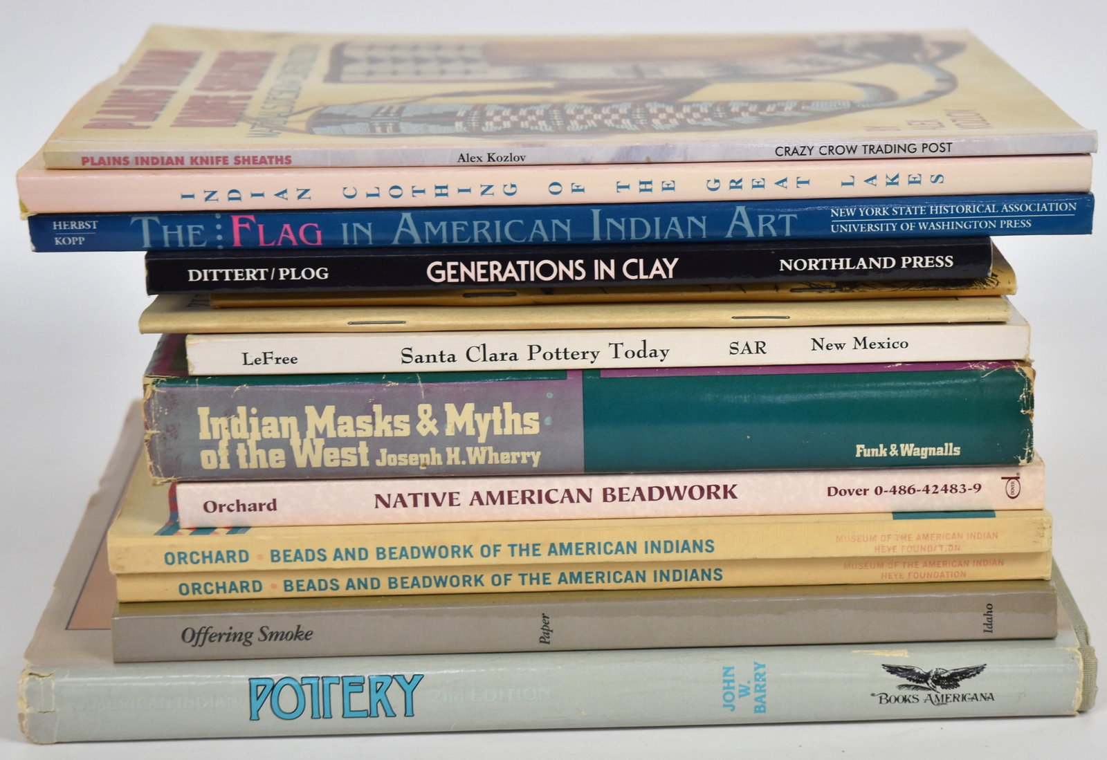 Books on Native American Pottery Bead work Pipes & Masks: Lot of thirteen including the following titles: American Indian Pottery 2nd Edition, by J.W. Barry, 1984; plus The Flag in American Ibdian Art, by T. Herbst & J. Kopp, 1993; plus Indian Clothing of th