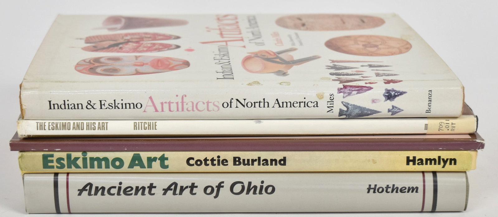 Books on Native American Design: Lot of five, including the following titles: Ancient Art of Ohio, by Lar Hothem, 1994; plus Indian & Eskimo Artifacts of North America, by Charles Miles, 1963; plus Eskimo Art, by Cottie Burland, 1973