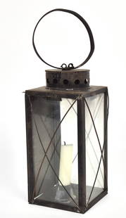 Early Tin Lantern: Circa 1810-30, American with original black painted finish, glass on three sides with sliding tin door on rear, used as reflecting mirror, circular cap with vent holes and tin ring handle, X wire