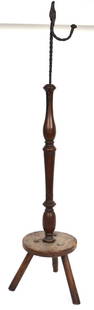 Fine Early Rush Light Holder: Turned cherry baluster form column with chestnut disc base with three chestnut legs and rat trail twist wrought iron rush light clamp mounted at top of column, nice old patina, 7 1/2" diameter x 33