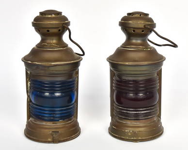 Pair Brass Ships Lantern: Red & Blue-green glass port & starboard 3/4 round with slot on rear for mounting, flip down oil font on base and brass wire swing bale handle, 4 1/4" diameter x 9" high, less bale. Condition missing