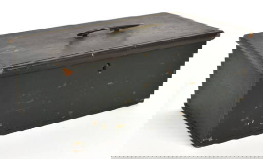 Painted Ditty Box: Circa 182-40 in original green painted yellow pine with applied edging on hinged lid with original brass bale handle and printed nautical paper label on interior, worn but with crossed flags and arms