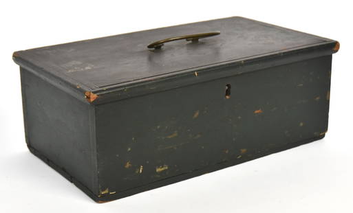 Painted Ditty Box: Circa 182-40 in original green painted yellow pine with applied edging on hinged lid with original brass bale handle and printed nautical paper label on interior, worn but with crossed flags and arms