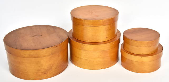 Thos Annett Nested Pantry Boxes: Lidded set of five, spruce & white pine all in original varnish finish, with copper braid construction, lid of largest stamped Thos Annett/E.Jaffrey, N.H., 9 7/8" diameter x 5" high; smallest is 5