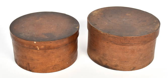 Nested Pantry Boxes: Lidded set of two, hickory (largest) spruce (smallest) & white pine all in original varnish finish, with copper braid construction, largest is10 1/2" diameter x 5 1/2" high, stamped ADF; smallest is 9