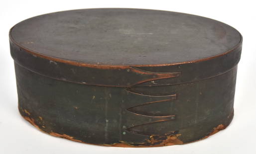 Green Painted Shaker Box: Oval with four finger construction with copper raids, spruce & white pine 11 1/2 x 8 1/4 x 4 1/4" high. Condition paint circa 70% damage around base with lower finger damaged.