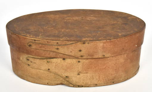 Large Shaker Bentwood Pantry Box: Natural spruce & white pine with copper braid single finger construction, nice old scrubbed patina, 12 1/4 x7 3/4 x 4 1/4" high. Condition minor rodent knowing at bae, VG.