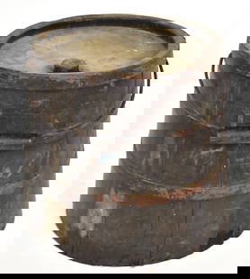 Shaker Painted Bucket: Stave construction with three wrought iron bands, lidded with wood plug stopper, original heavy gauge wire bale handle with turned wood grip, all in old likely original charcoal grey painted finish,