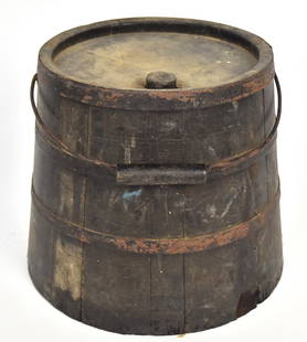 Shaker Painted Bucket: Stave construction with three wrought iron bands, lidded with wood plug stopper, original heavy gauge wire bale handle with turned wood grip, all in old likely original charcoal grey painted finish,