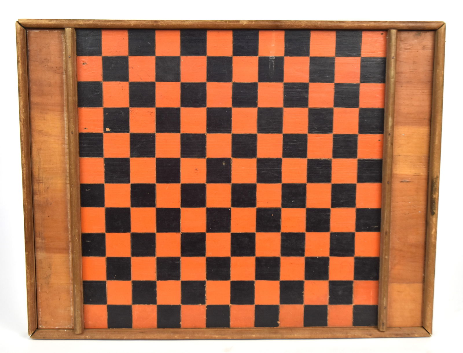 Early Painted Game Board: Red & orange painted checkers/chess board in white pine with poplar trim and side pockets of gaming pieces, nice old patina, 19 x 25". Condition paint circa 98% Fine.