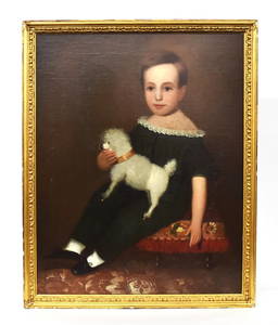 Fine Early Folk Art Portrait of Child & Dog