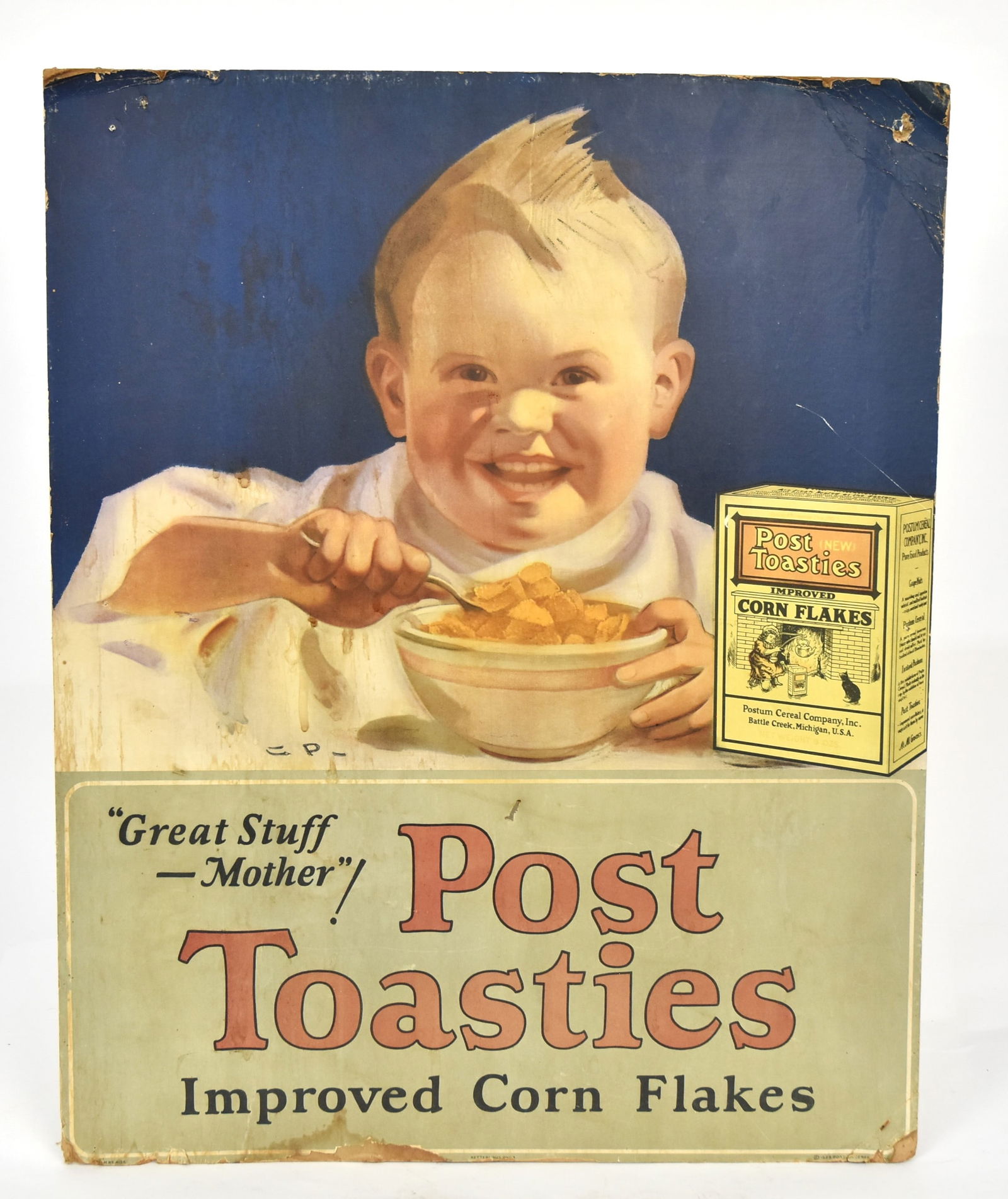 Post Toasties Cardstock Sign: chromolithographed child eating bowl of product with box at right over text reading: Great Stuff Mother Post Toasties Improved Corn Flakes,19 3/4 x 25" high. Condition edge damage, VG-.
