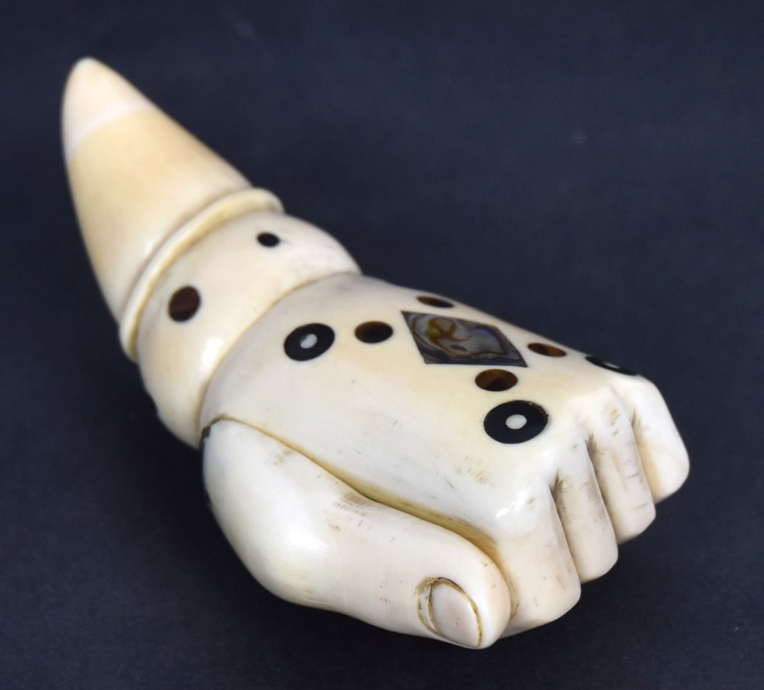 Scrimshaw Figural Snuff Box: Whales tooth, abalone and baleen in the form of clenched fist with inlaid abalone diamond on back of hand and eight baleen dots in X pattern with six alternating large to small baleen dots at wrist, t