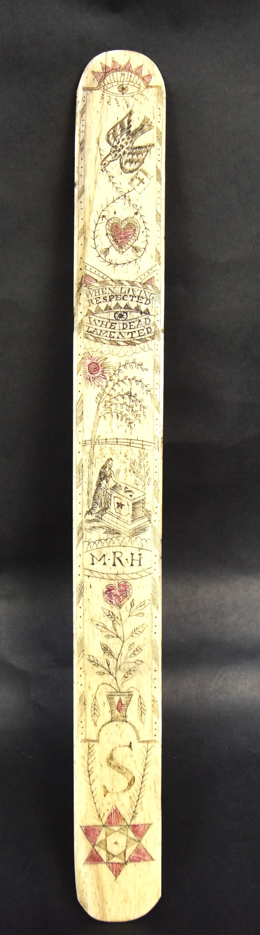 Fine Scrimshaw Corset Stay: Also called busk, engraved on each face with obverse having fine whaling scene with two ships, three boats hunting two whales one of which is in its death throws, island with palm trees to left and in