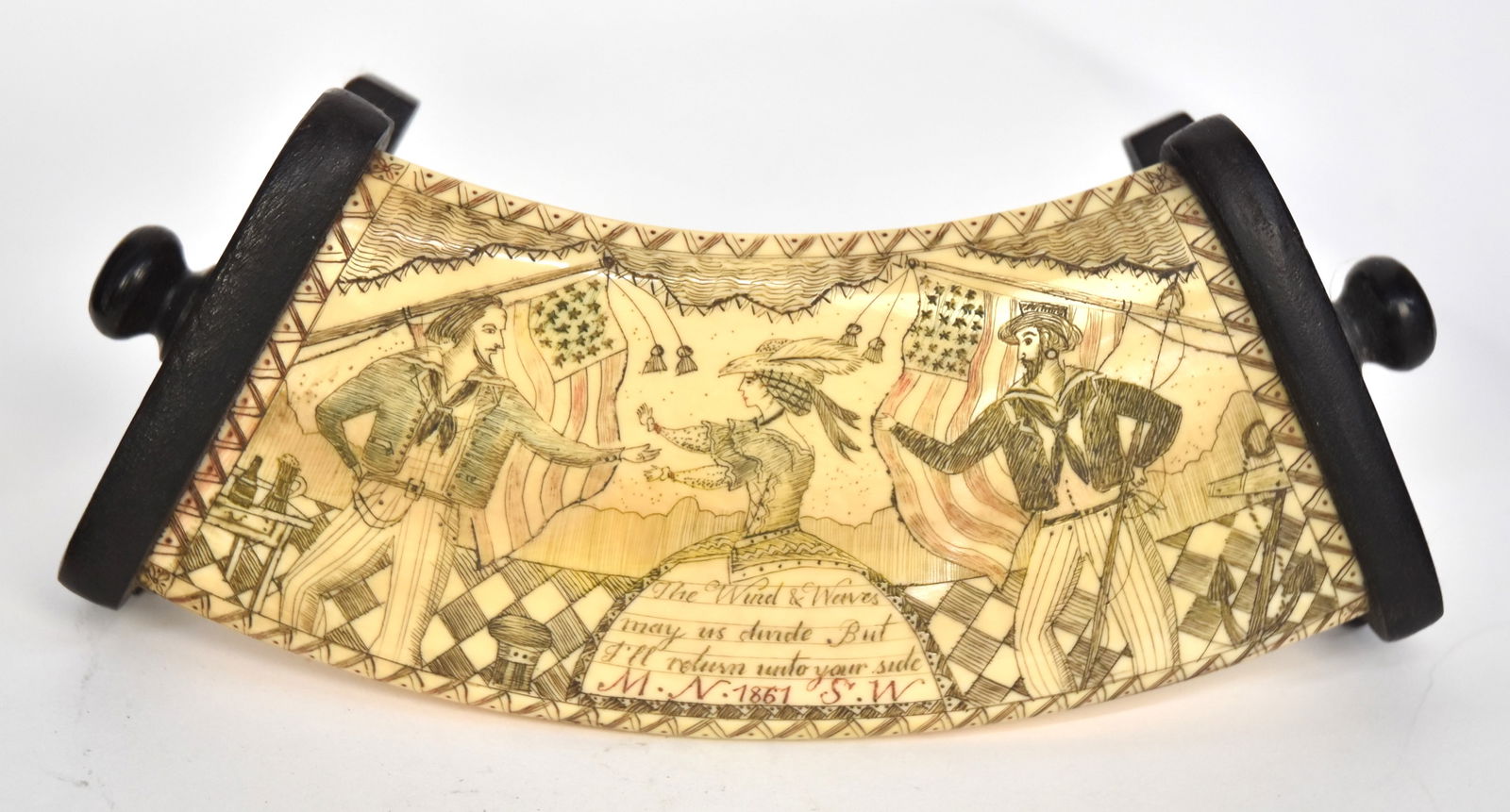 Fine Mounted Scrimshaw Walrus Tusk: Walrus and ebony with original polychrome pigments, engraved scene of two sailors, both representing the same sailor, one while at sea, right and one while arriving home , left with lady in feathered
