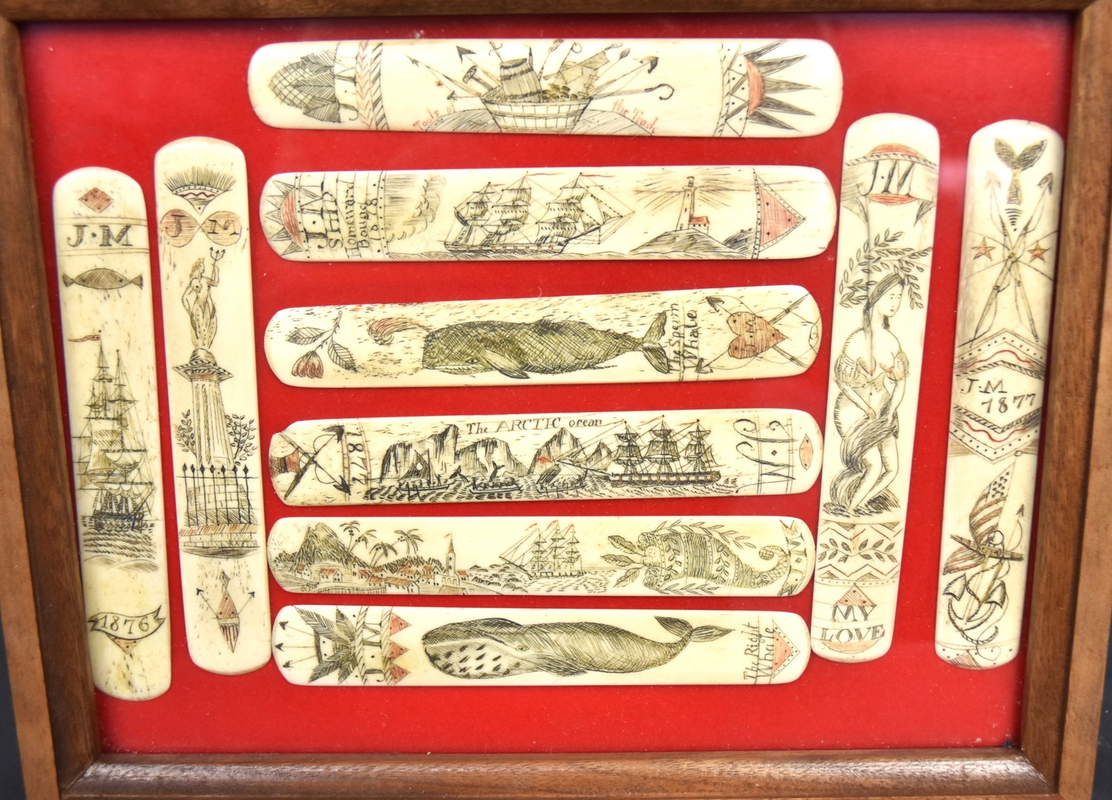 Eleven Signed Scrimshaw Corset Stays: All from the same hand and signed J.M., dates including 1876, 77 & one 78 theme, all with very nice engraving each with a different theme including one inscribed My Love with erotic scene, one The Spe
