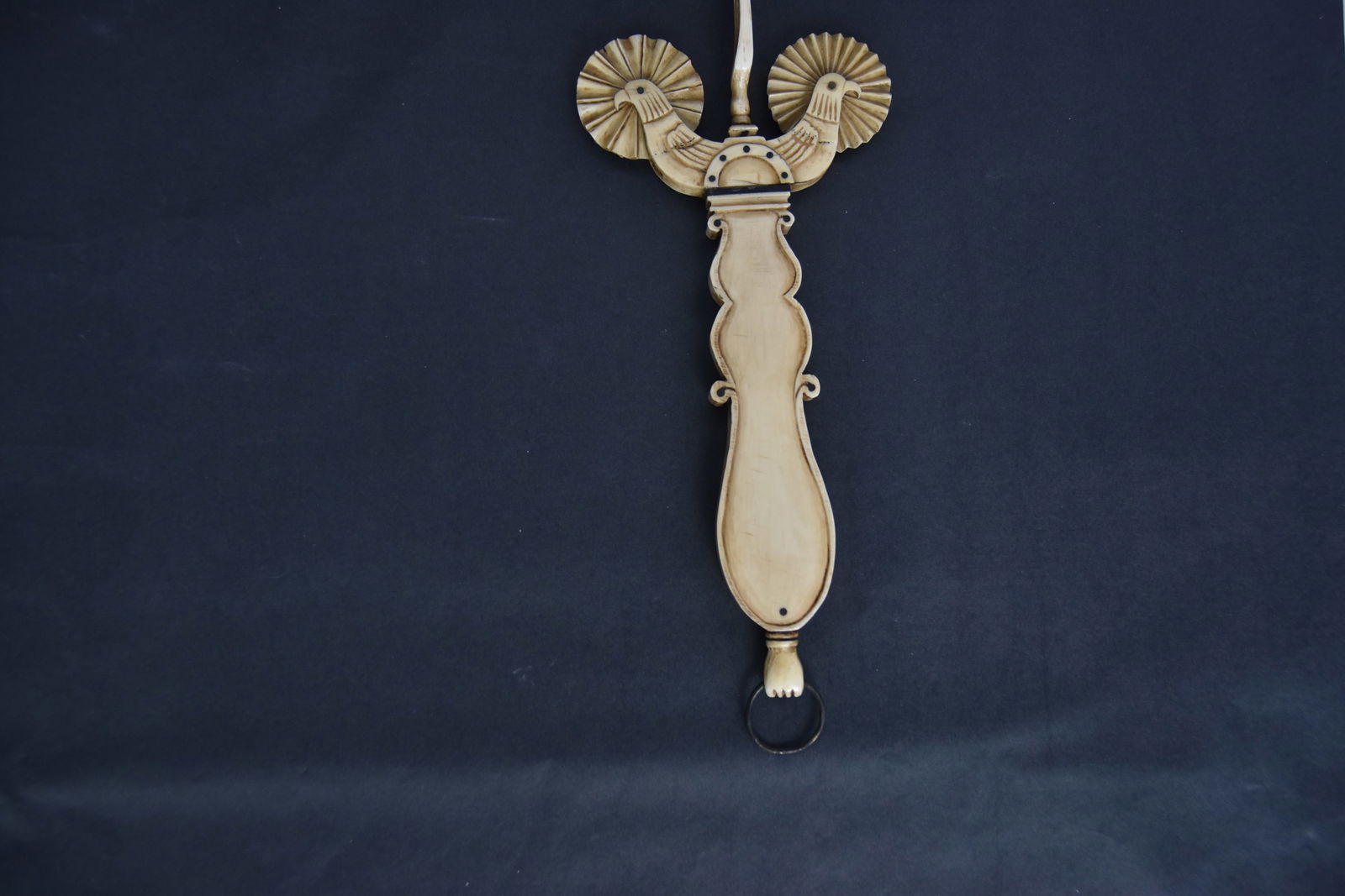 Fine Figural Scrimshaw Jagging Wheel: Whale tooth, baleen & wrought iron, with double fluted crimping wheels, with carved bird mounts, three tine fork between with baleen dots and band, grip in carved scroll whale tooth with clenched fist