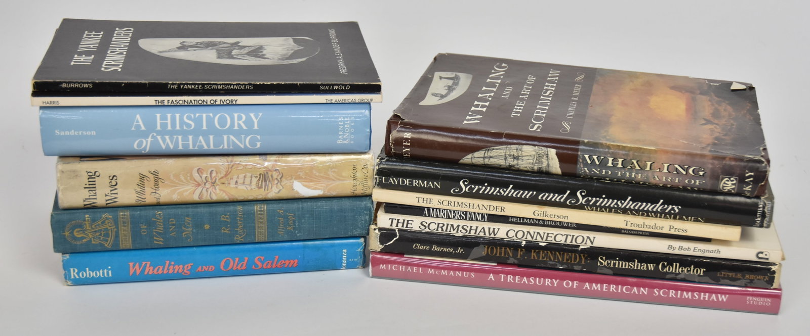 Book on Scrimshaw & Whaling: Lot of 13, including the following titles: Scrimshaw and Scrimshanders: Whales and Whalemen, by E.N. Flaydermann, 1972; Whaling and the Art of Scrimshaw, by C.R. Meyer, 1976; The Scrimshander, by Wm. 