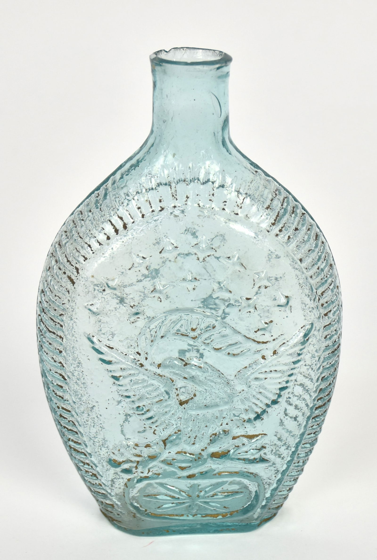 Aqua 14 Star Eagle Flask: Double sides with spread wing U.S. shield breasted eagle with ribbon banner in beak, clutching laurel branch and arrows in talons with oval and compass star below and two arched rows of 4-pointed star