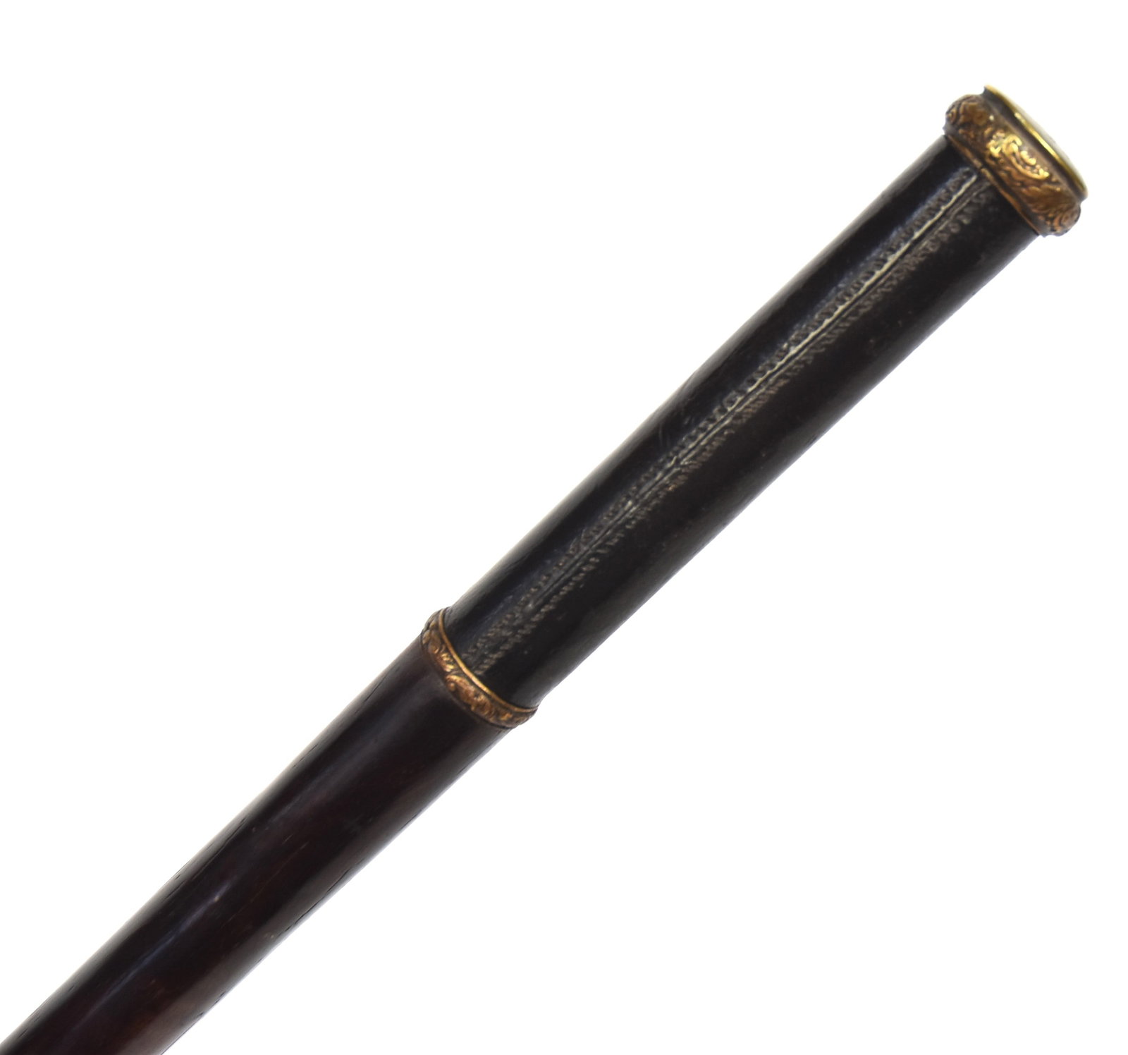 Presentation Nautical Gadget Cane: Bronze knob with cast acanthus leaves on side and engraved presentation inscription on top reading: Captn S. Putnam Ship Sunbeam Boston 1832. This bronze knob is threaded and is the lens cap for a sin