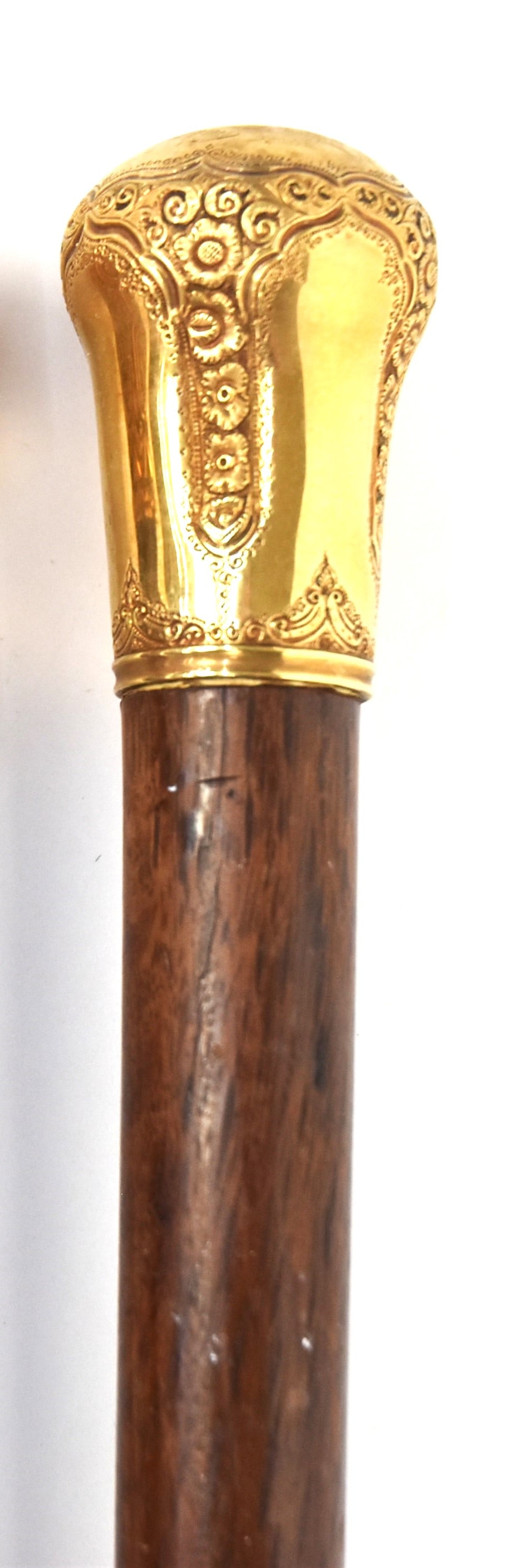 Civil War Soldier Gold Presentation Cane: Floral chased 2" long circa 14K yellow gold knob (untested) with presentation inscription on top reading Capt. C.E. Peirce U.S. Ass. Eng. From the Officers of Steamer Genl. F.G. Totten Oct. 1st 1867, 