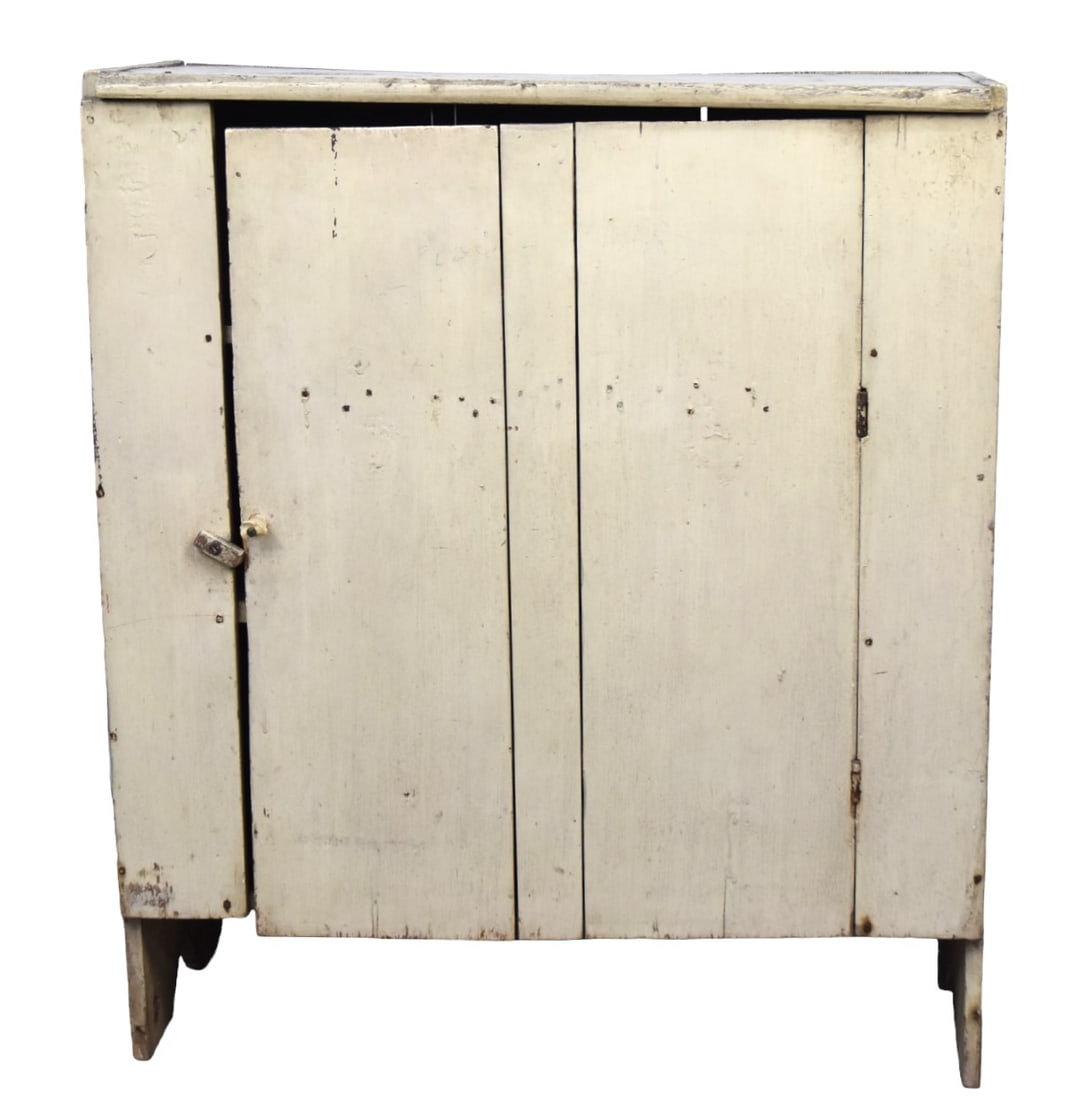 Primitive Painted Cupboard: Poplar with square nail construction in original old white milk painted finish, single door with two interior shelves, nice old patina, 40 x 18 1/4 x 46" high. Condition minor wear, VG.