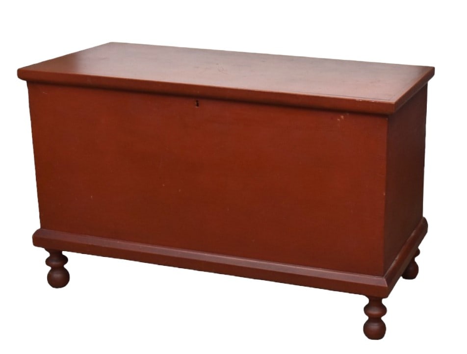Ohio Red Painted Blanket Chest: Mixed woods, white pine, poplar, walnut with cove molded overhanging lid and base, dovetailed case, turned legs, locking lid with key, interior with lidded till, 19 3/4 x 43 x 27" high. Condition VG+.