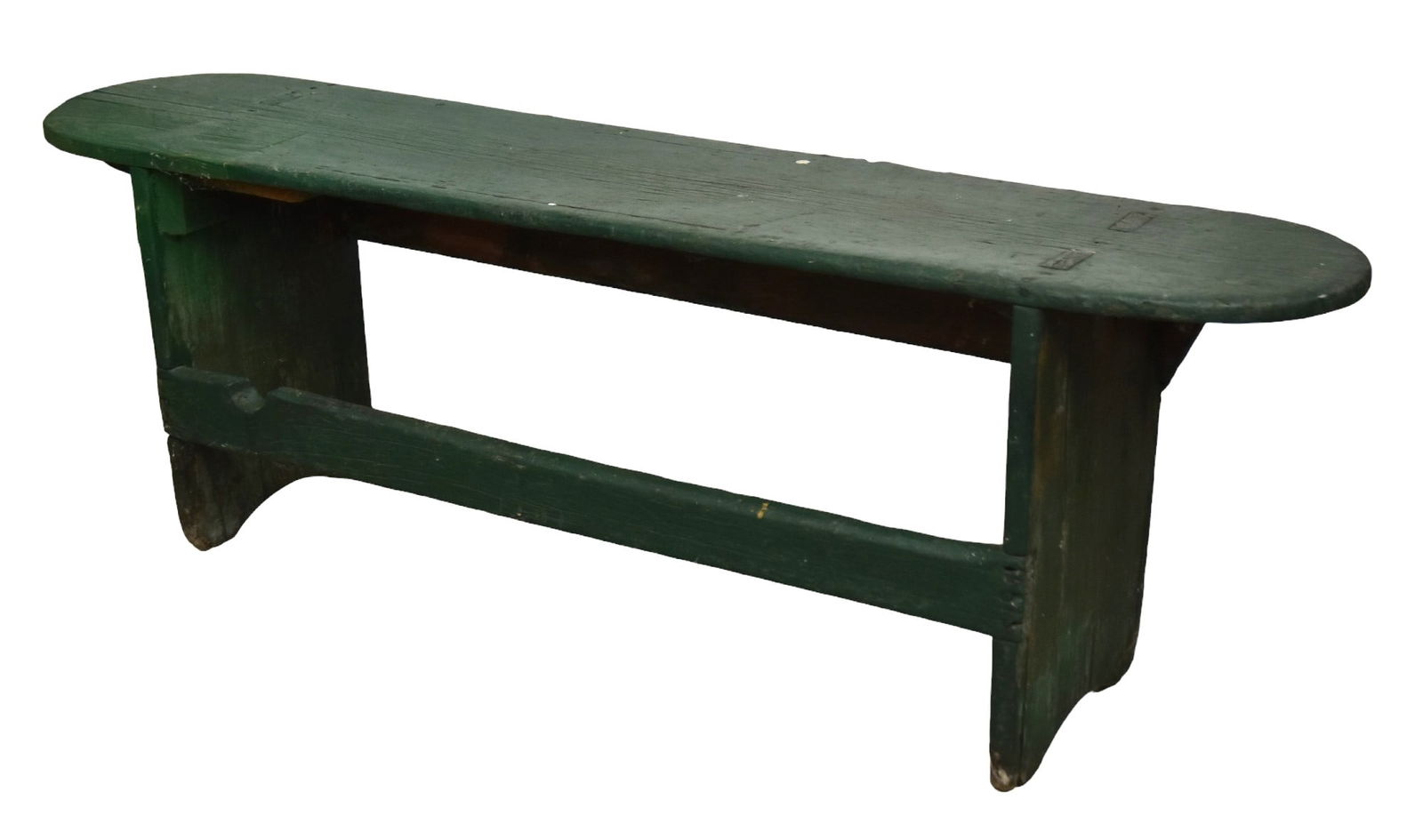 Green Painted Bucket Bench: White pine in old green painted finish, rounded ends on top with cut-out boot-jack ends, front stretcher mortised in to legs as legs are mortised through top and rear apron to legs, nice old patina an