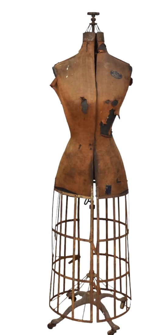 Victorian Adjustable Dress Form: Cast iron mount with steel adjustable skirt and heavy card stock torso, covered in body stocking with two printed makers labels, The L&M Adjustable Dress Form Co. Bklyn N.> U.S.A., smallest setting is