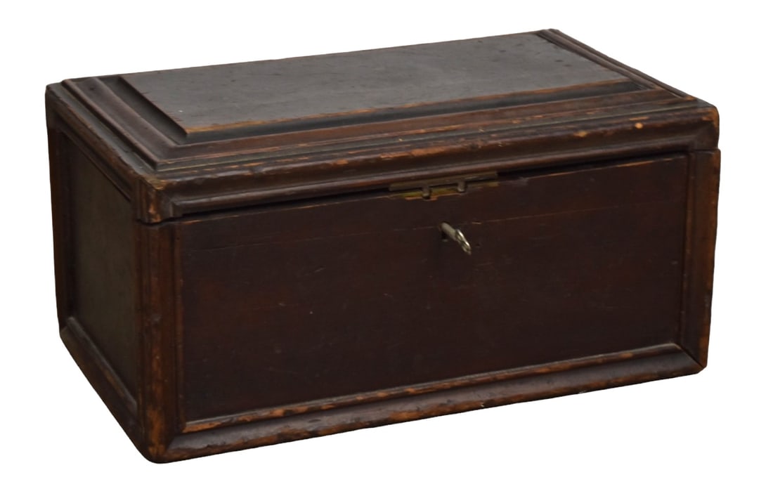 Early Document Box: Pine in old red varnish finish with paneled cove molded locking lid with key, cove molding on all edging, nice old patina, 19 x 11 1/4 x 9 1/2" high. Condition finish circa 90%, slight damage on front
