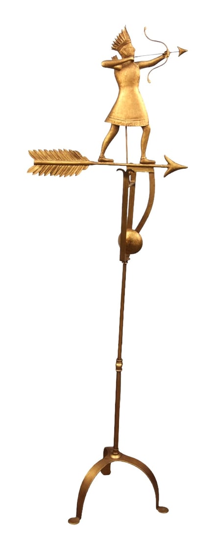 Native American Gilt Tin Wind Vane: Hollow body full figure of Native American in feather headdress with bow and arrow, atop arrow with fletching and counter-balanced cast iron weight, all mounted on wrought iron penny footed stand all