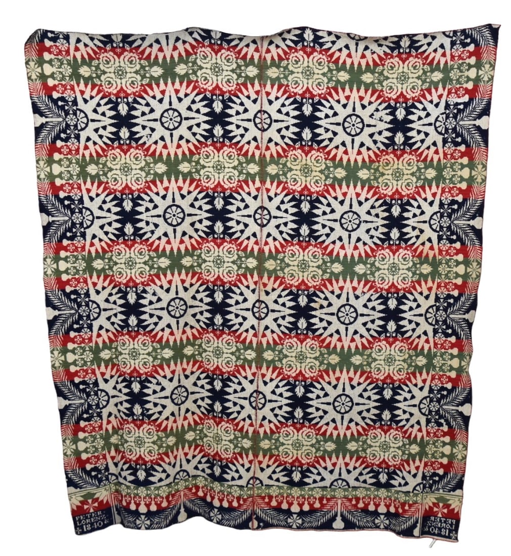 Peter Lorenz 1840 Germantown Ohio Jacquard Coverlet: Signed in upper corner blocks Peter Lorenz 1840, four color, navy blue, green, red and white with laurel swags and tassel border and compass star and floral rosette center, woven in two pieces, 76 x 8