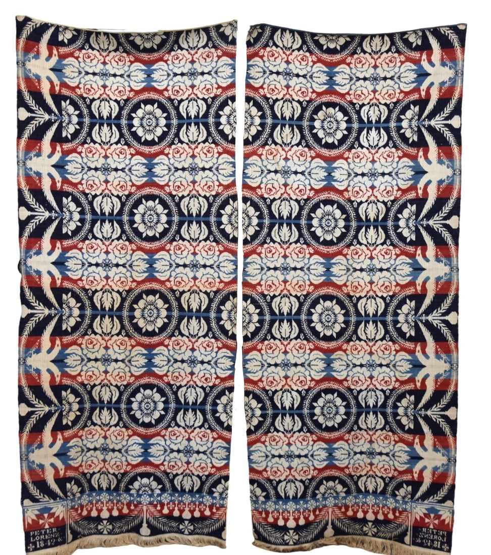 Peter Lorenz 1842 Germantown Ohio Jacquard Coverlet: Signed and dated in two upper corner blocks in four colors, light blue, navy, red & white, woven in two pieces and not currently sewn together, border with laurel wreath swags and double headed War Ea
