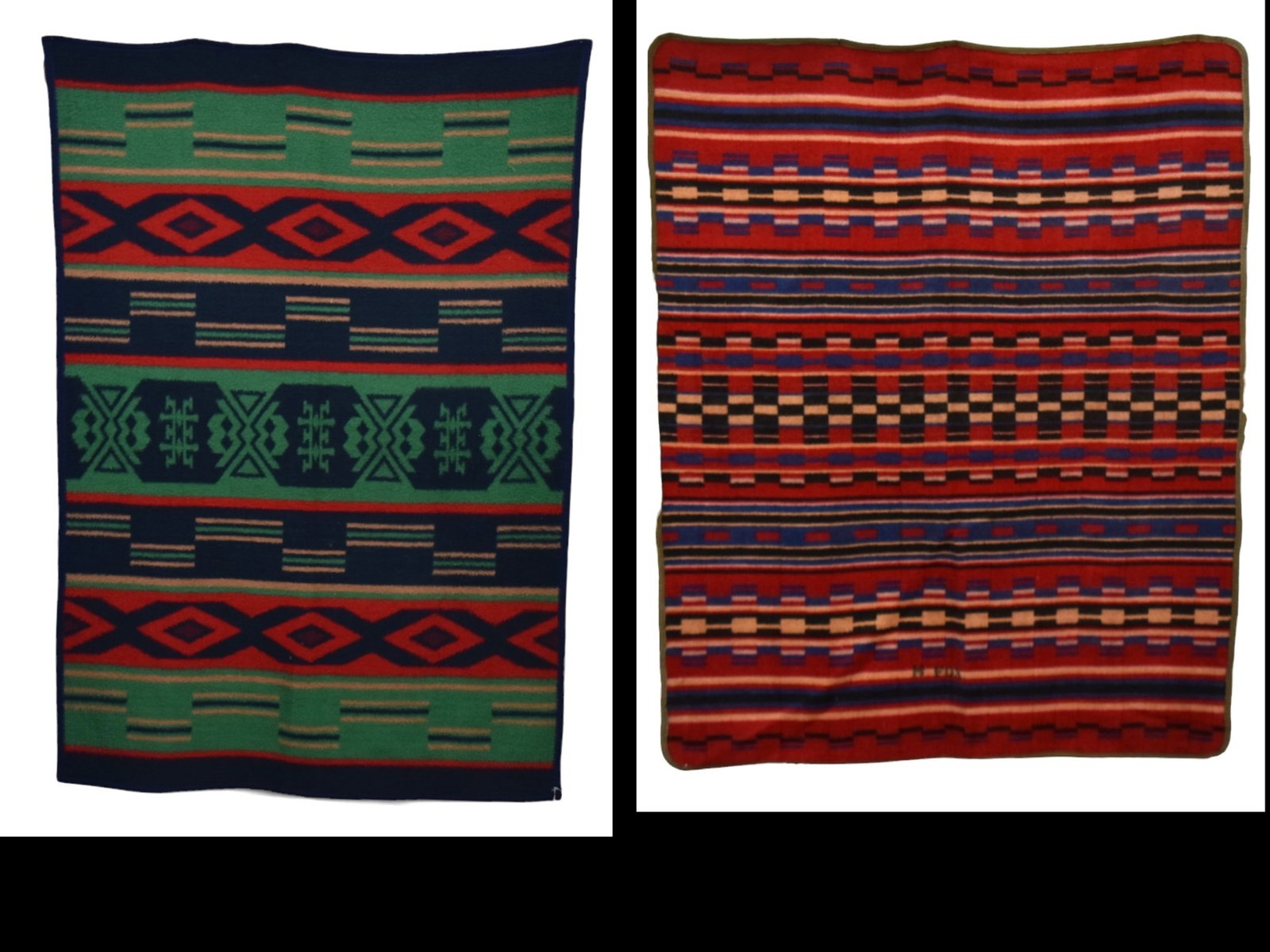 Two Trade Blankets: Including a wool example with bars of polychrome stepped designs, with olive felt edging, 50 x 60"; and terry cloth blanket with polychrome Native American patterns, 50 x 70 1/2". Condition Both VG.
