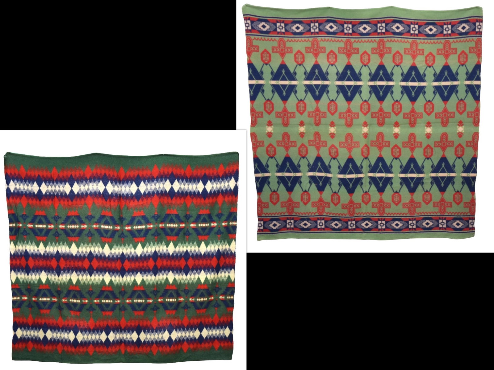 Two Trade Blankets: Including a wool example with bands of diamond patterns in polychrome colors, 64 x70 1/2"; and cotton terry cloth blanket with polychrome Native American designs, 67 x68". Condition 1st corner wear, s