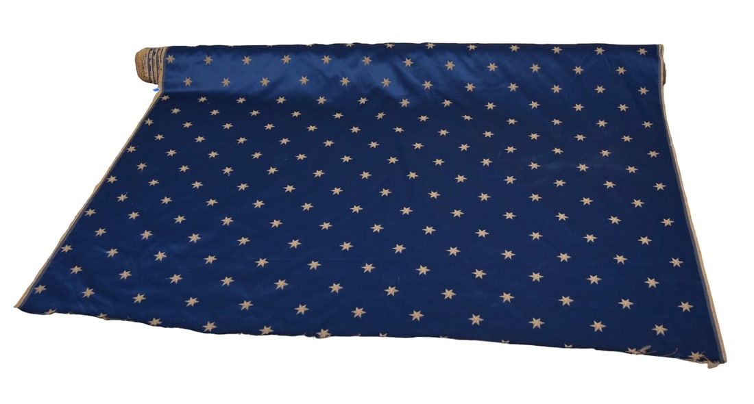 Patriotic 19th Century Silk Fabric Role: Silk damask fabric with off-set rows of 12 6-pointed stars on navy blue ground, 59" wide x 220" long for larger of two, smaller is circa 120" long; total combined length 340". Condition VG+.