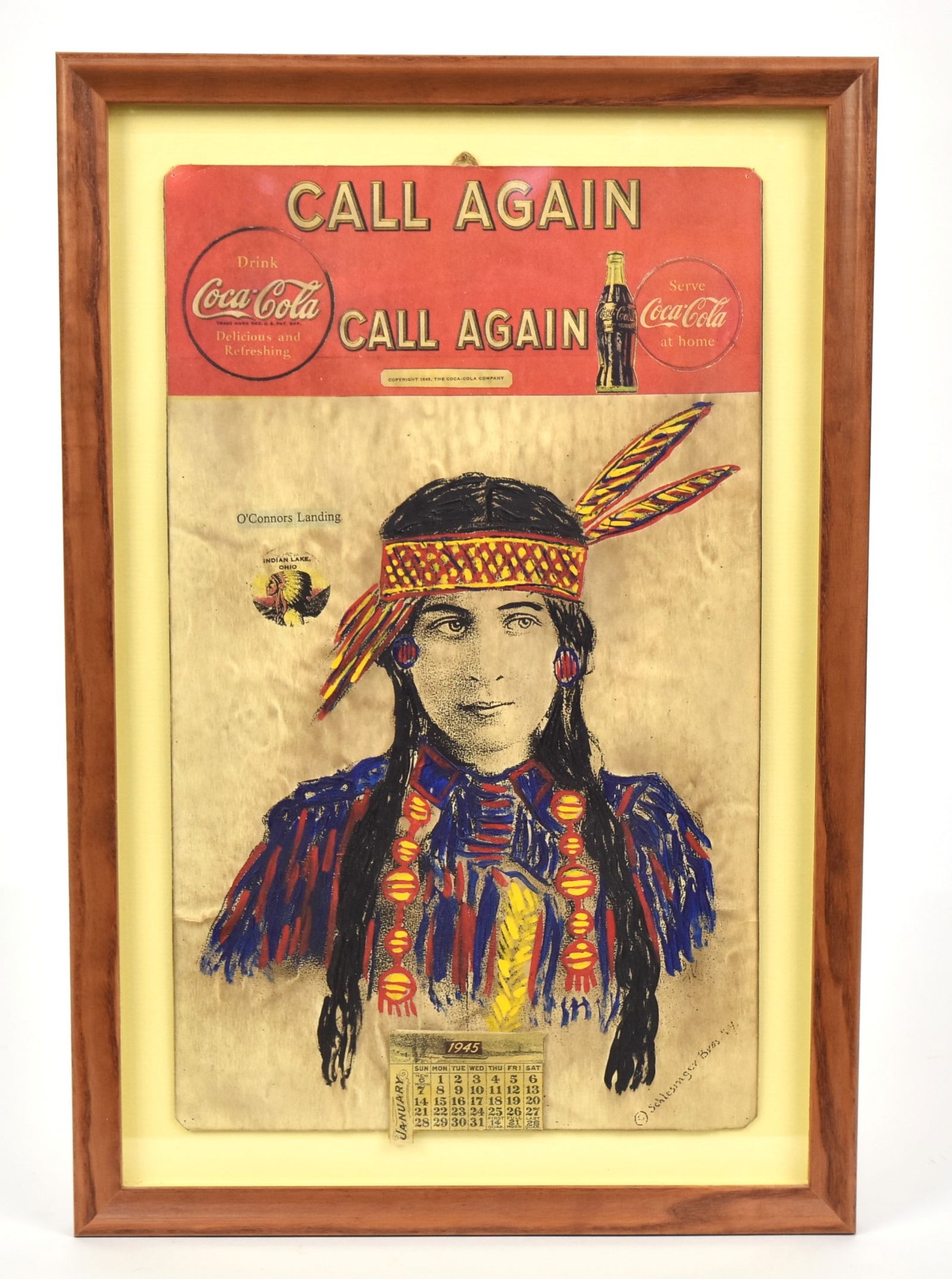 Coca-Cola Calendar: Chromolithographed card stock with Call Again twice in upper panel with two bottles and circular symbols, Copyright 1945, The Coca-Cola Company, over lithograph of young Native American lady in tradit